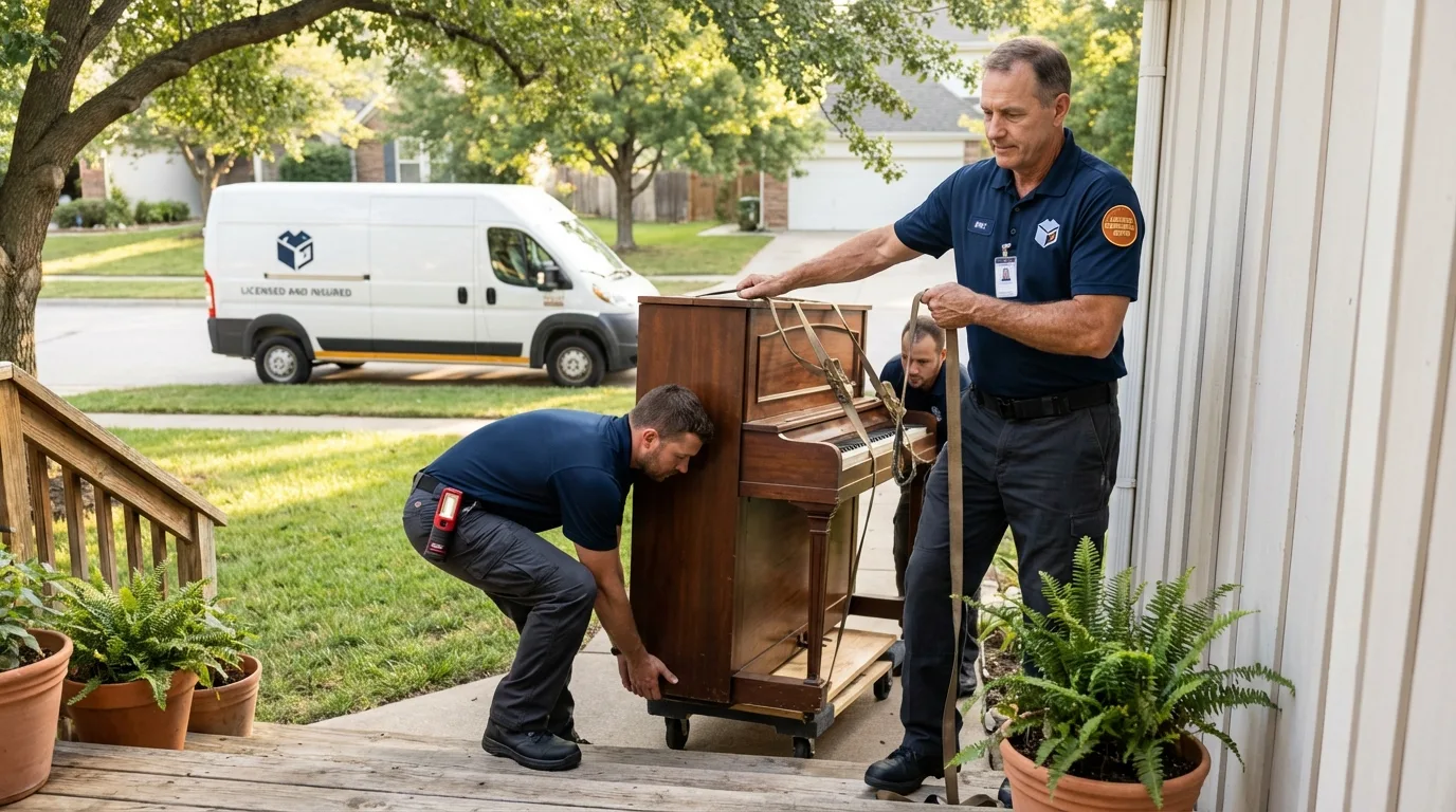 Licensed piano movers securing grand piano in Manito, IL