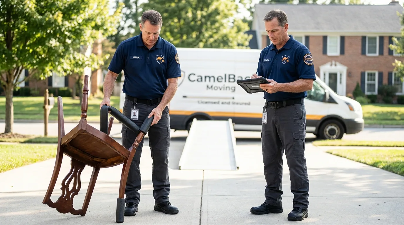 Movers inspecting furniture for damage prevention before loading in Manito, IL