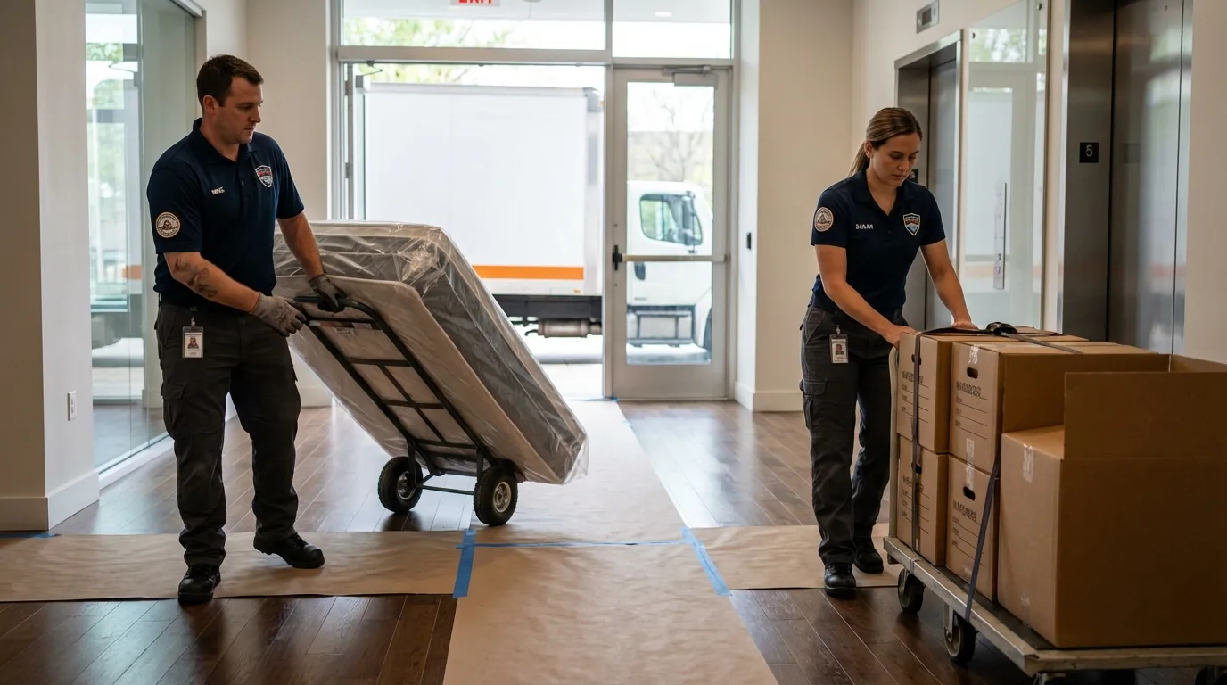 Professional apartment movers loading elevator in Manito, IL