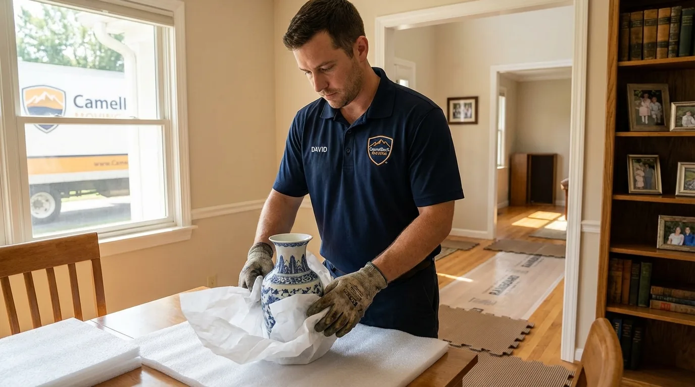 Professional crew carefully wrapping antique vase for senior downsizing move in Manito, IL