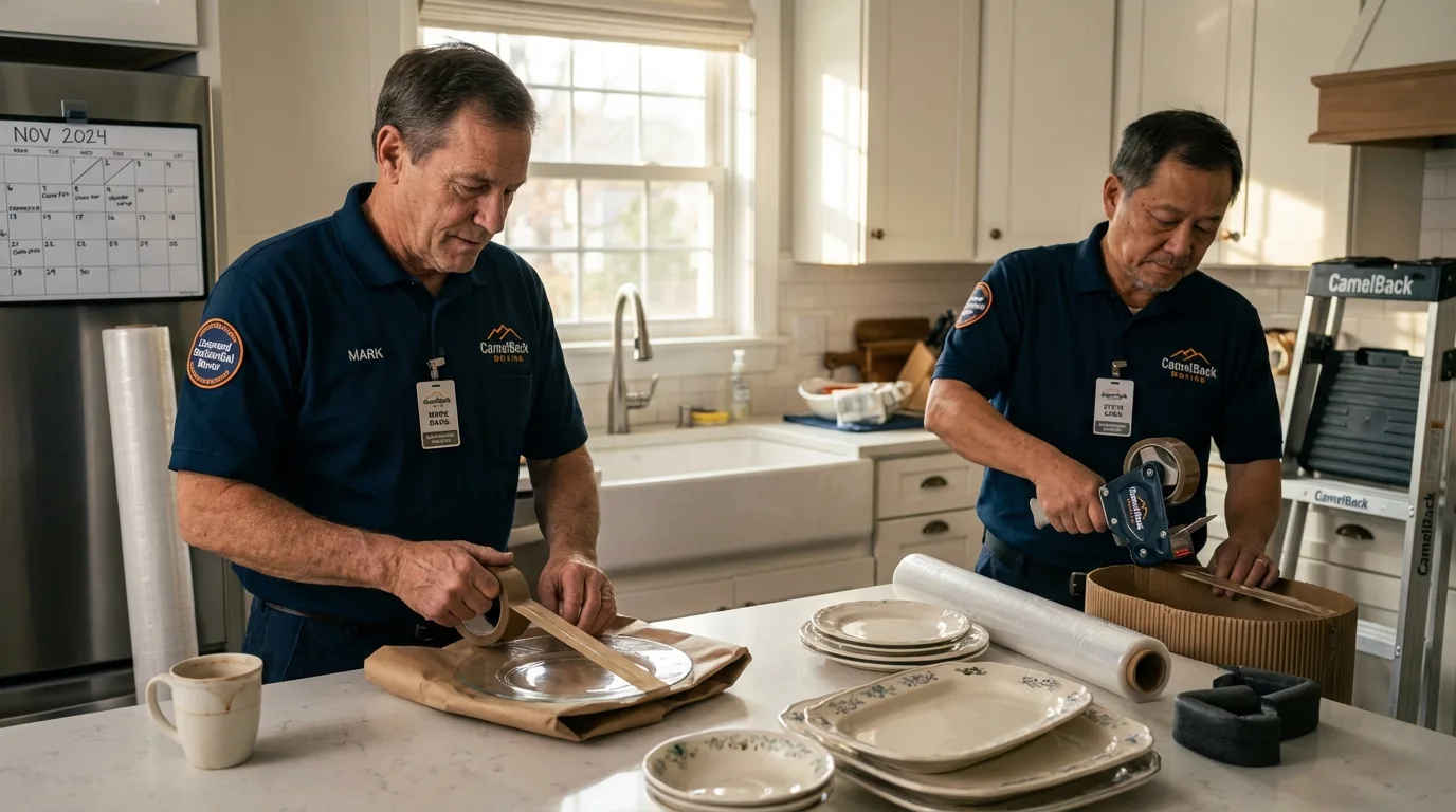Professional crew packing kitchen dishware in Manito, IL